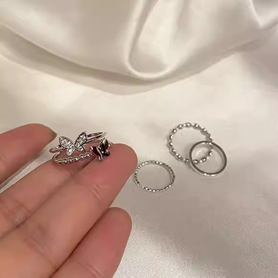 [SAMPAN] Hàn Quốc Super Fairy Rose Gold Two-Set Set Ring Full Diamond Pearl Opening Women có thể điều chỉnh mẫu nhẫn nữ đẹp 2021
